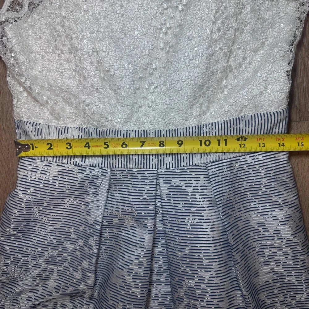 Kay Unger Jacquard Dress‎ Womens Lace Sequin Shimmer Blue Striped Size 4